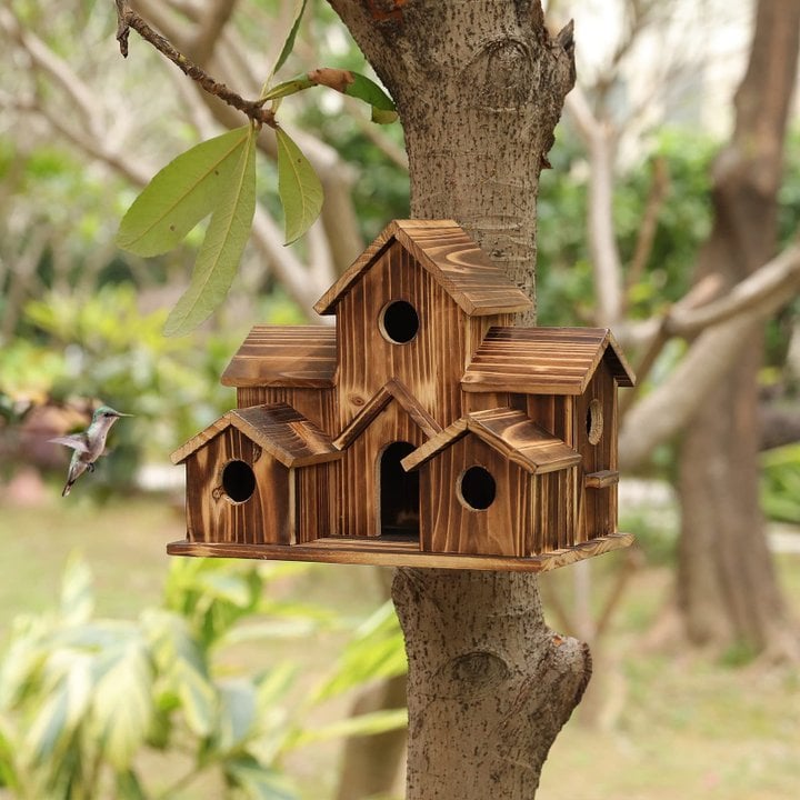 "Nichoir fonctionnel en bois résistant aux intempéries, design naturel, avec orifice rond et toit incliné, pour petits oiseau