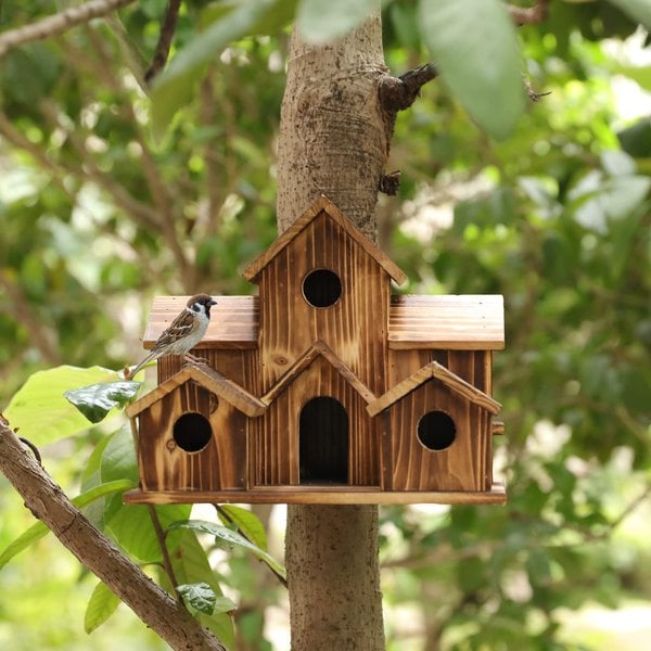 "Nichoir fonctionnel en bois résistant aux intempéries, design naturel, avec orifice rond et toit incliné, pour petits oiseau