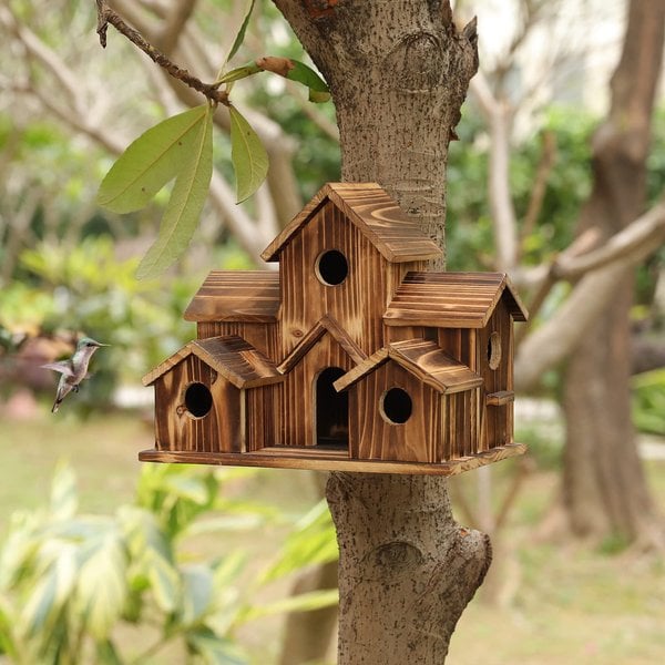 "Nichoir fonctionnel en bois résistant aux intempéries, design naturel, avec orifice rond et toit incliné, pour petits oiseau