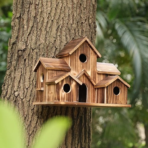 "Nichoir fonctionnel en bois résistant aux intempéries, design naturel, avec orifice rond et toit incliné, pour petits oiseau