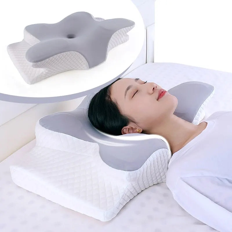 Oreiller cervical papillon ergonomique. Soulage les douleurs et améliore le sommeil. Design confortable et respirant.