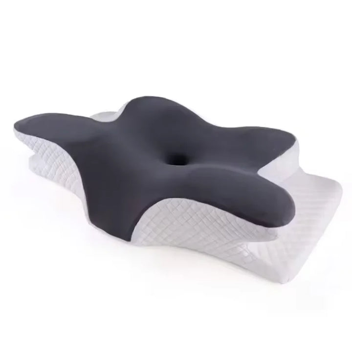 Oreiller cervical papillon ergonomique. Soulage les douleurs et améliore le sommeil. Design confortable et respirant.