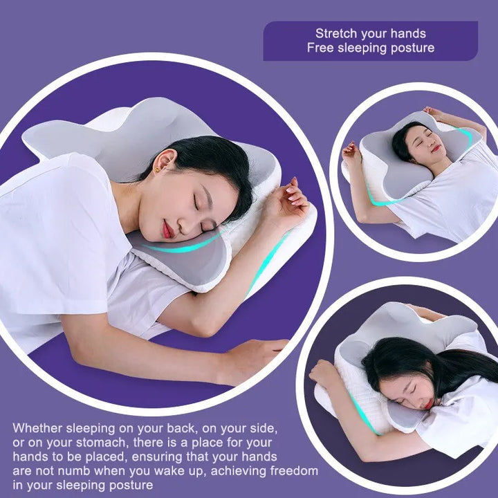 Oreiller cervical papillon ergonomique. Soulage les douleurs et améliore le sommeil. Design confortable et respirant.