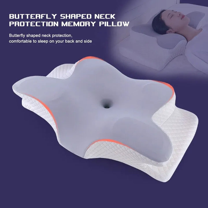 Oreiller cervical papillon ergonomique. Soulage les douleurs et améliore le sommeil. Design confortable et respirant.