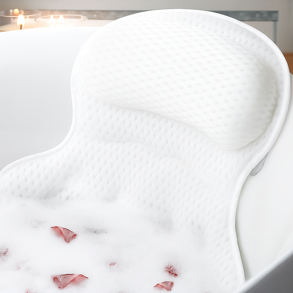 Oreiller de bain de luxe respirant, soutien ergonomique pour nuque et dos, parfait pour une détente spa.