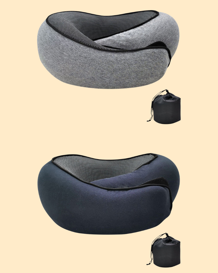 Oreiller de voyage ergonomique avec mousse à mémoire, forme d'os, tissu doux bleu, idéal soutien nuque et tête.