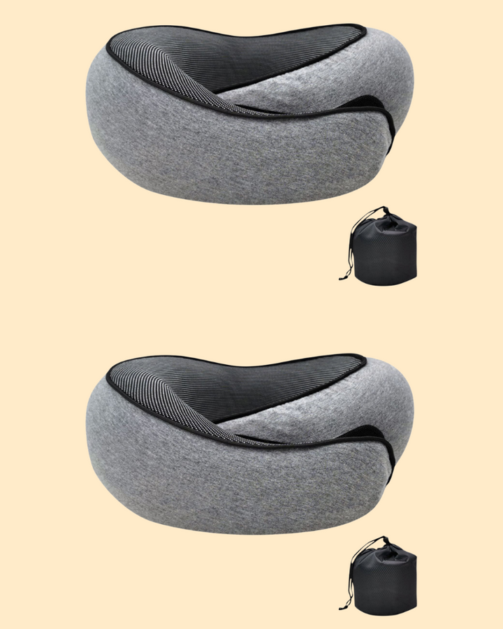 Oreiller de voyage ergonomique avec mousse à mémoire, forme d'os, tissu doux bleu, idéal soutien nuque et tête.