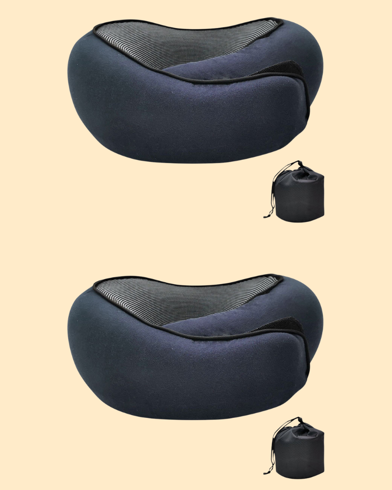 Oreiller de voyage ergonomique avec mousse à mémoire, forme d'os, tissu doux bleu, idéal soutien nuque et tête.