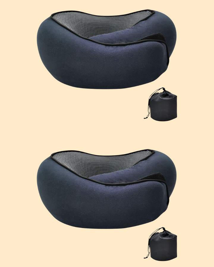 Oreiller de voyage ergonomique avec mousse à mémoire, forme d'os, tissu doux bleu, idéal soutien nuque et tête.