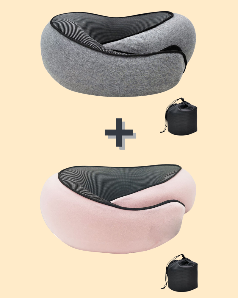 Oreiller de voyage ergonomique avec mousse à mémoire, forme d'os, tissu doux bleu, idéal soutien nuque et tête.