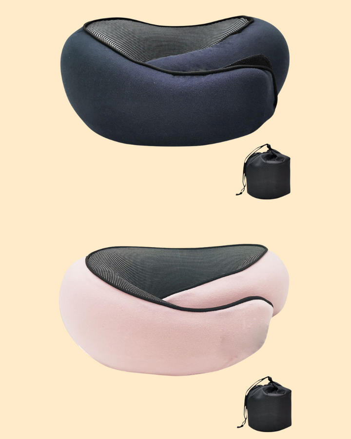 Oreiller de voyage ergonomique avec mousse à mémoire, forme d'os, tissu doux bleu, idéal soutien nuque et tête.