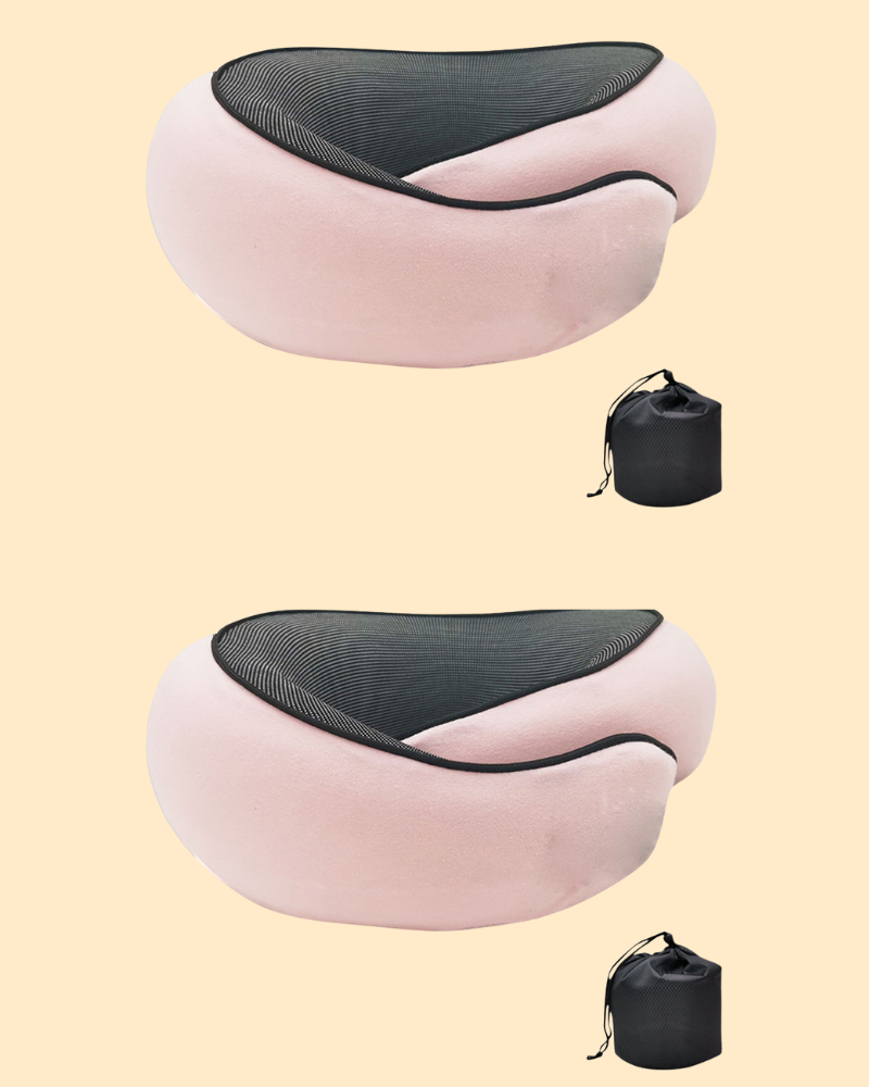 Oreiller de voyage ergonomique avec mousse à mémoire, forme d'os, tissu doux bleu, idéal soutien nuque et tête.