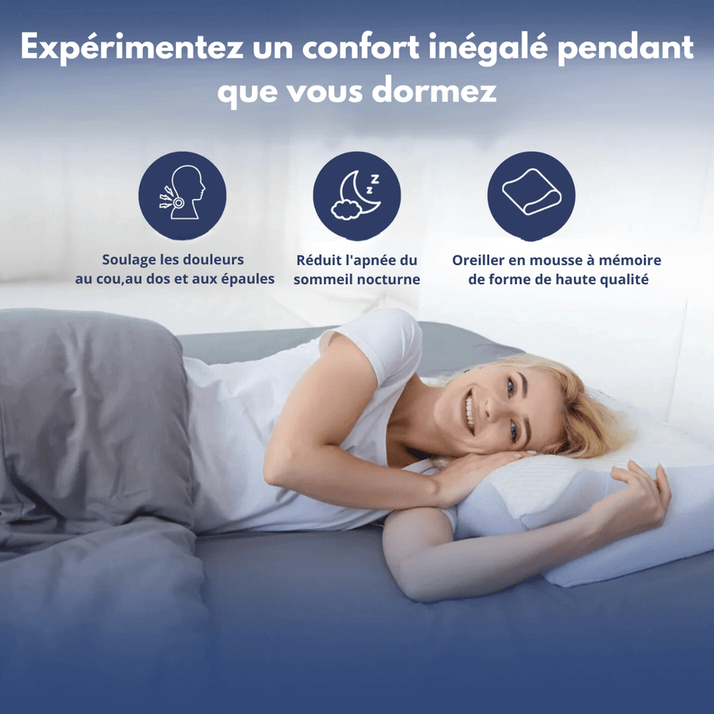 Oreiller orthopédique ergonomique blanc avec soutien cervical pour un confort optimal et hypoallergénique.