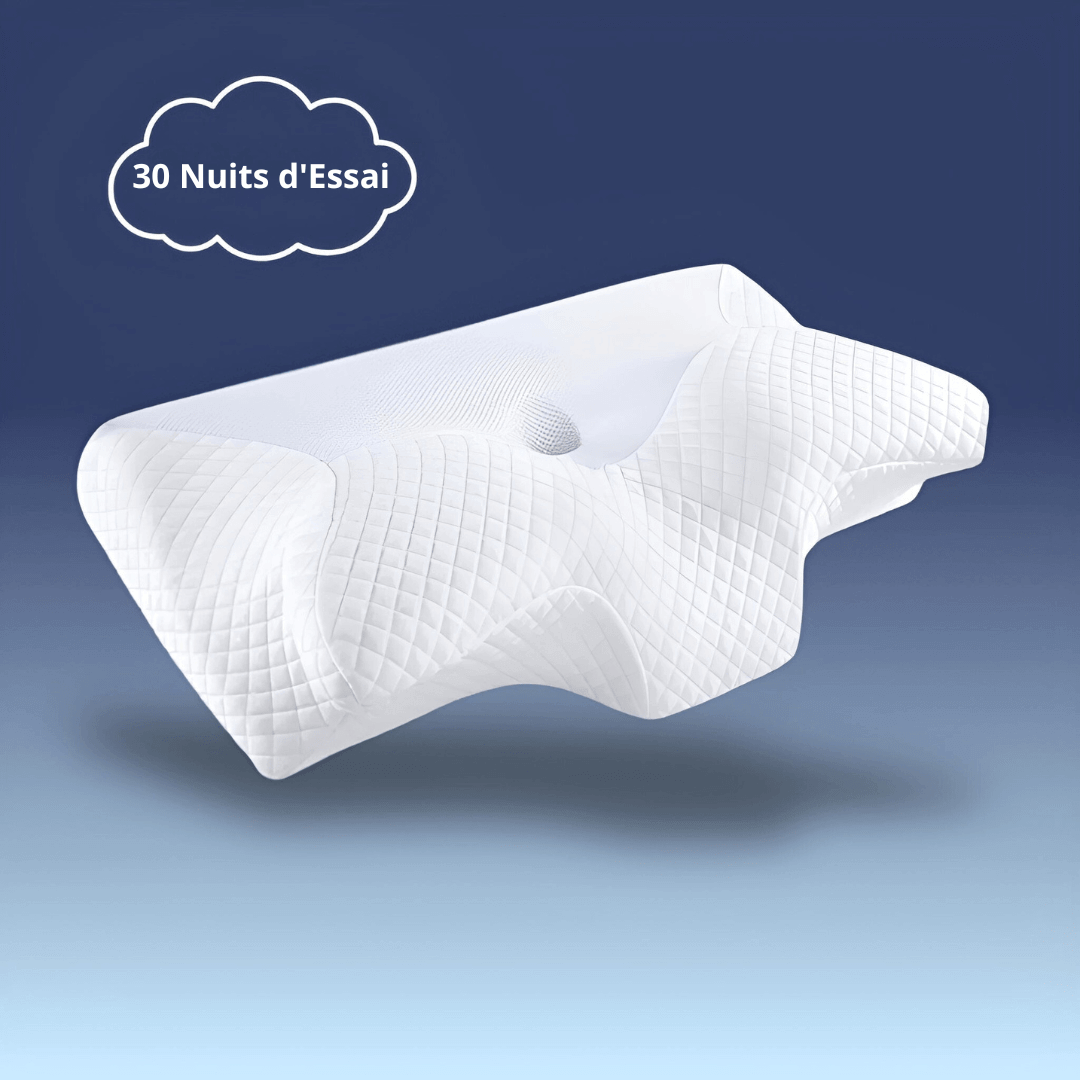 Oreiller orthopédique ergonomique blanc avec soutien cervical pour un confort optimal et hypoallergénique.