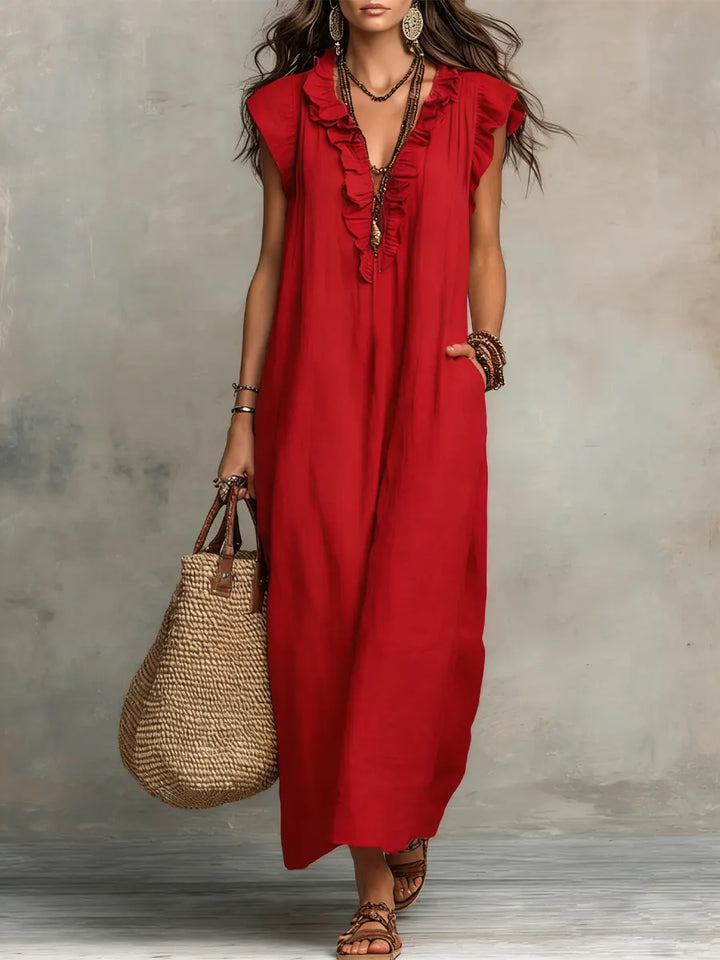 Tenue chic femme: robe longue bohème mélange lin coton, coupe fluide, parfaite saison estivale.