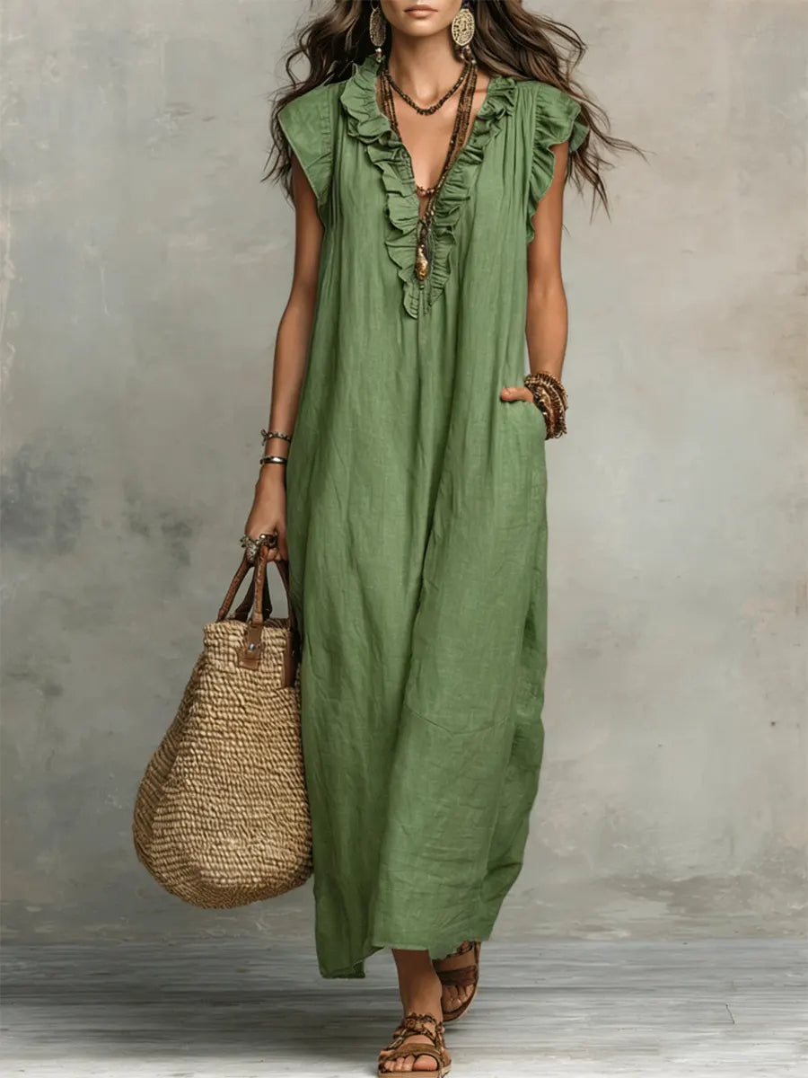 Sublime robe bohème femme en lin et coton, coupe fluide naturelle, parfaite printemps chic.