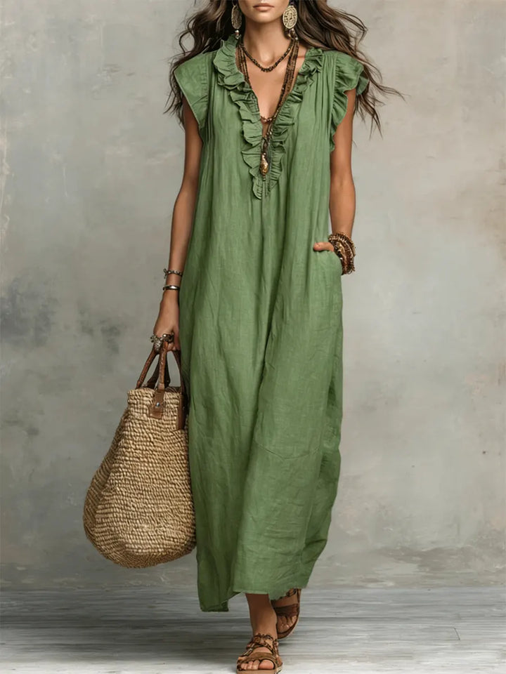Sublime robe bohème femme en lin et coton, coupe fluide naturelle, parfaite printemps chic.