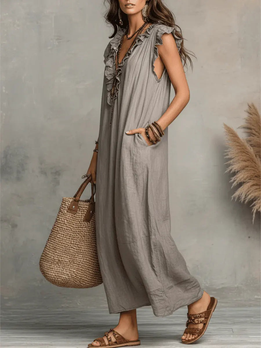Robe longue fluide femme en lin coton respirant, style bohème élégant, parfaite pour l'été.
