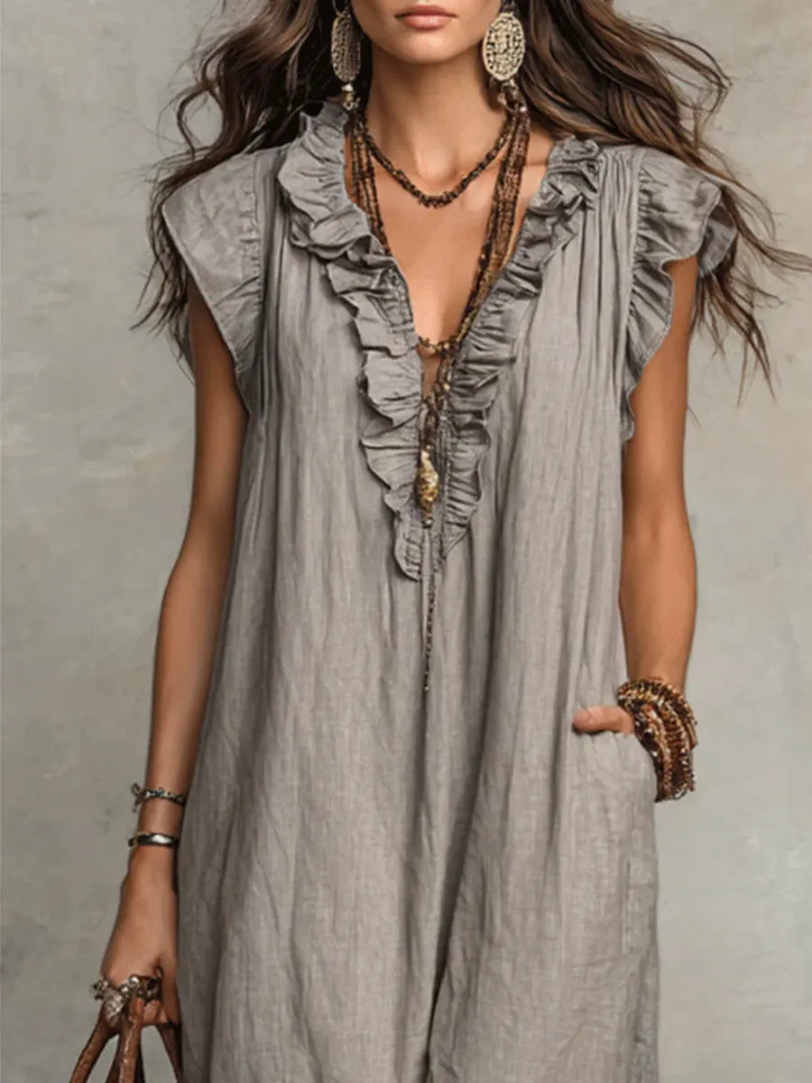 Robe femme longue lin coton, coupe fluide et décontractée, style bohème chic, idéale été.