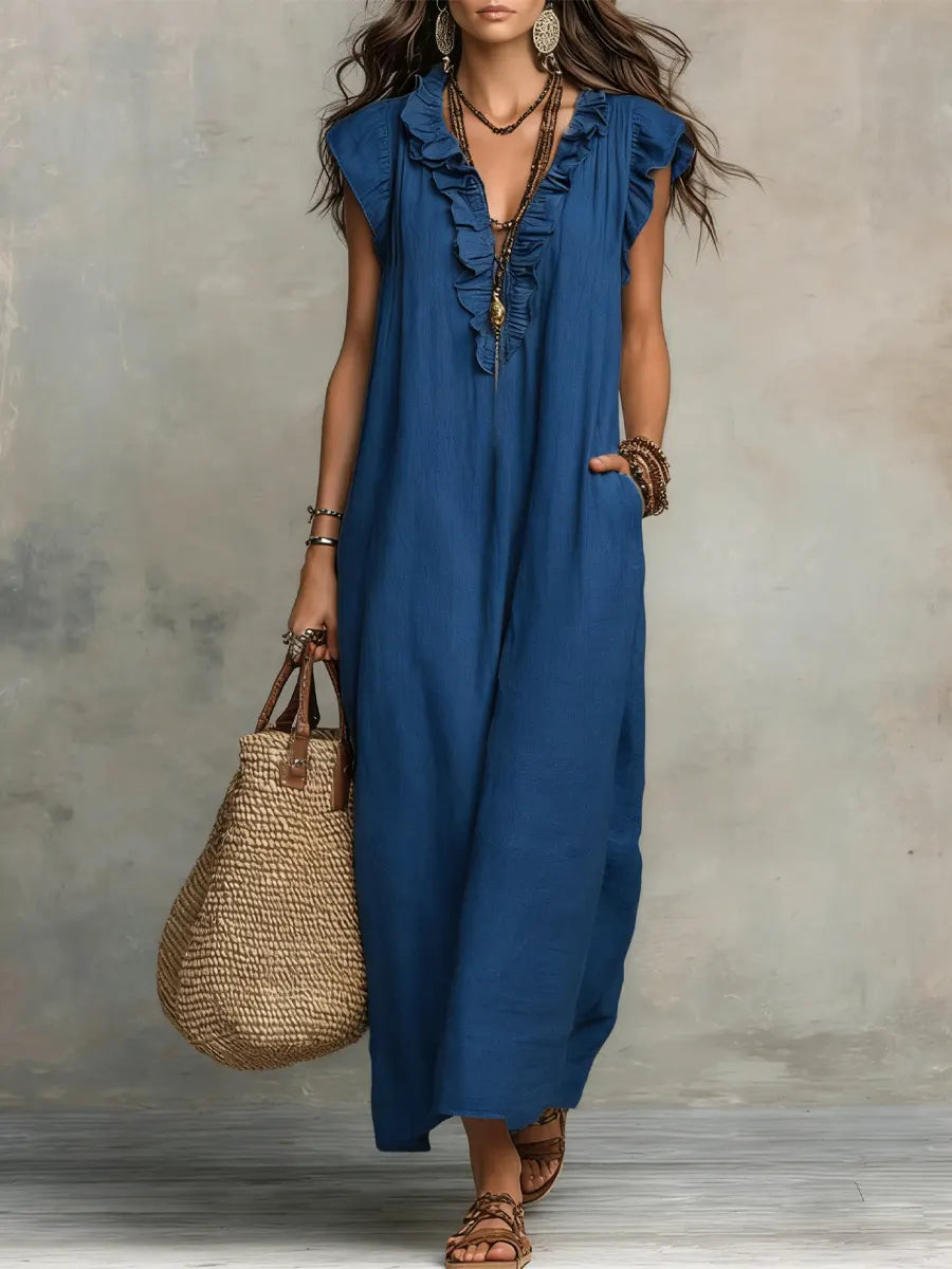 Robe femme élégante lin coton, coupe longue fluide style bohème, confortable pour l'été.