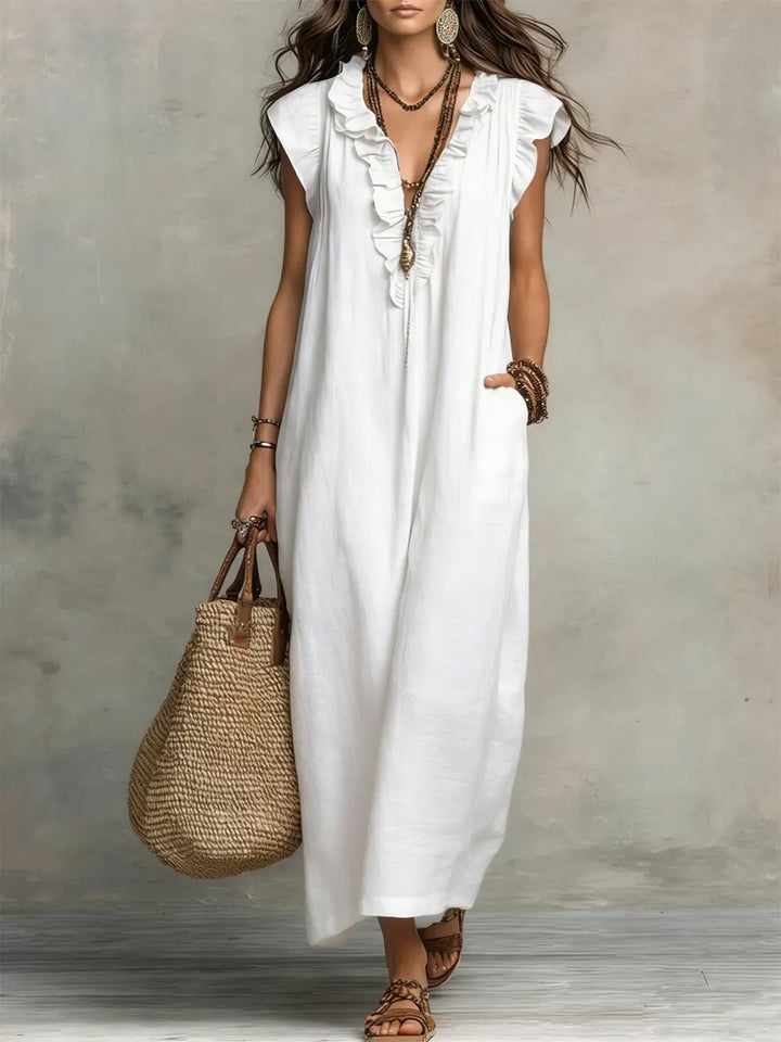 Robe décontractée femme lin coton, longue et fluide, style bohème élégant, confortable quotidien.