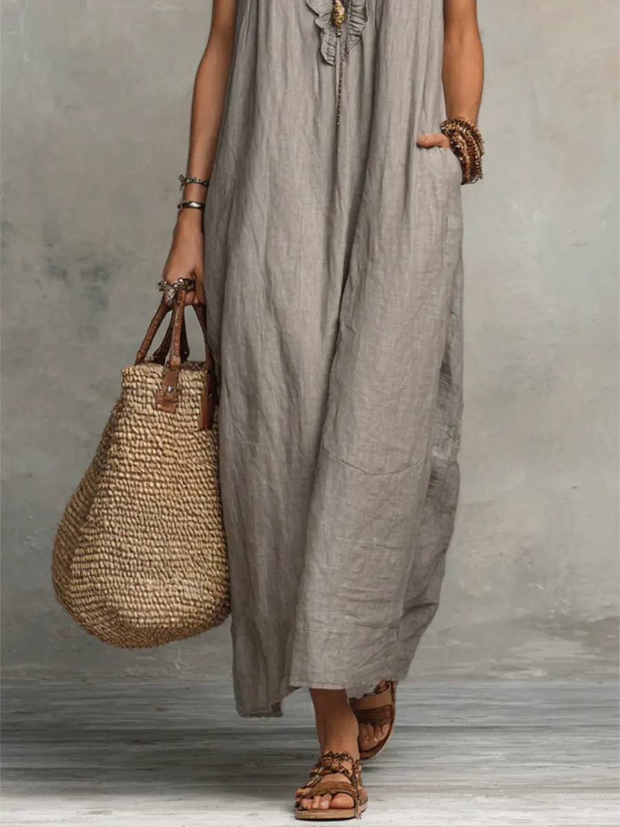 Vêtement femme: robe bohème élégante lin coton, longue et fluide, parfaite allure naturelle été.