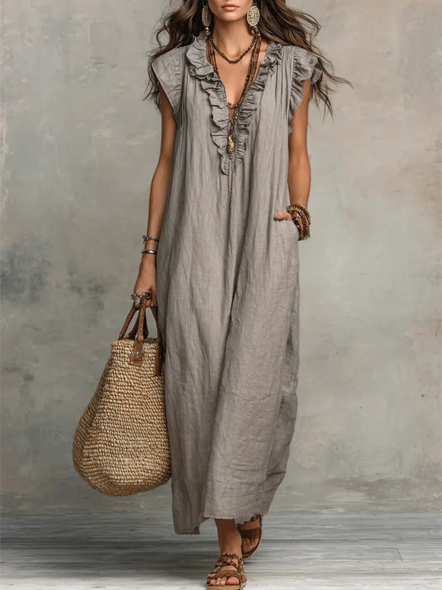 Robe longue femme bohème lin coton coupe fluide, idéale été décontracté et élégant.