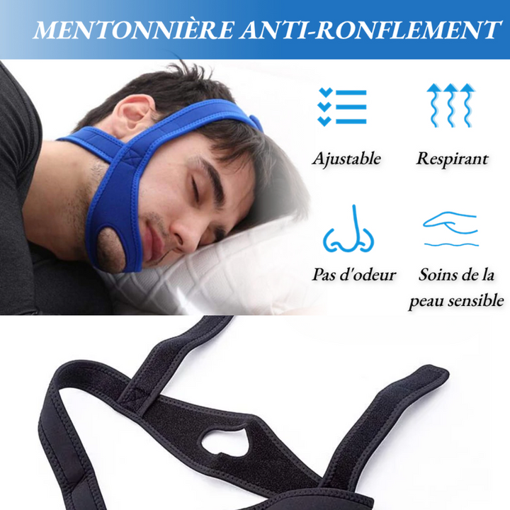 Orthèse anti-ronflement ergonomique bleue, conçue pour le confort et la réduction du bruit nocturne. Solution apnée du sommei