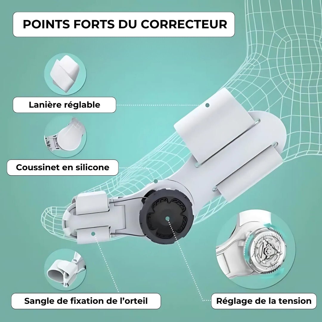"Orthèse correctrice hallux valgus beige, ajustable, soulagement douleur et confort optimal pour gros orteil."