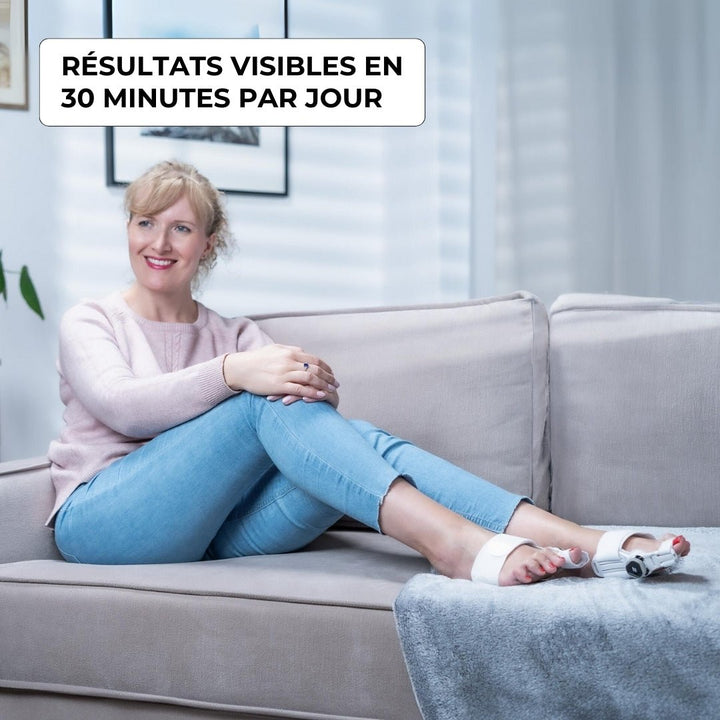 "Orthèse correctrice hallux valgus beige, ajustable, soulagement douleur et confort optimal pour gros orteil."