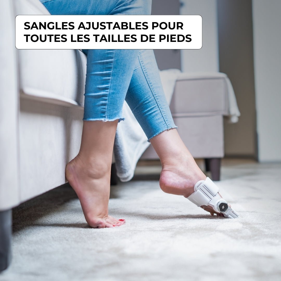 "Orthèse correctrice hallux valgus beige, ajustable, soulagement douleur et confort optimal pour gros orteil."