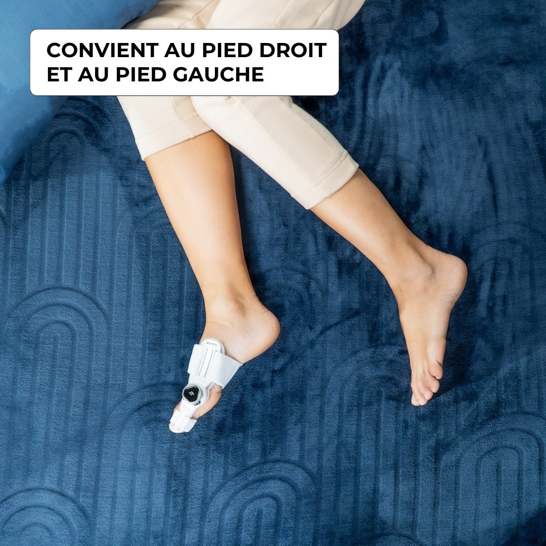 "Orthèse correctrice hallux valgus beige, ajustable, soulagement douleur et confort optimal pour gros orteil."