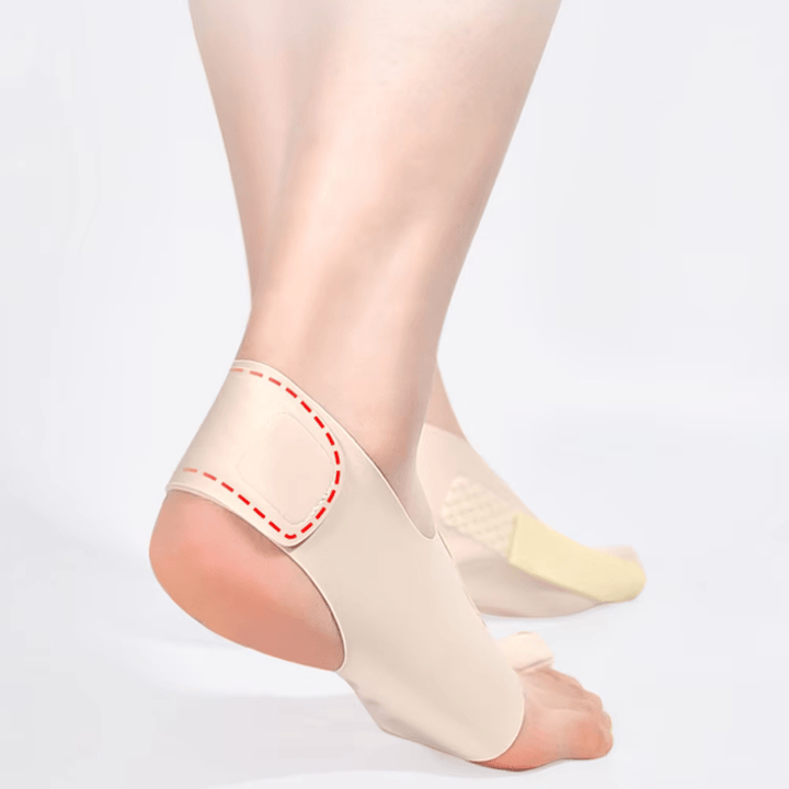 "Orthèse hallux valgus discrète et légère, design fin, matériaux doux, pour confort et correction du gros orteil."
