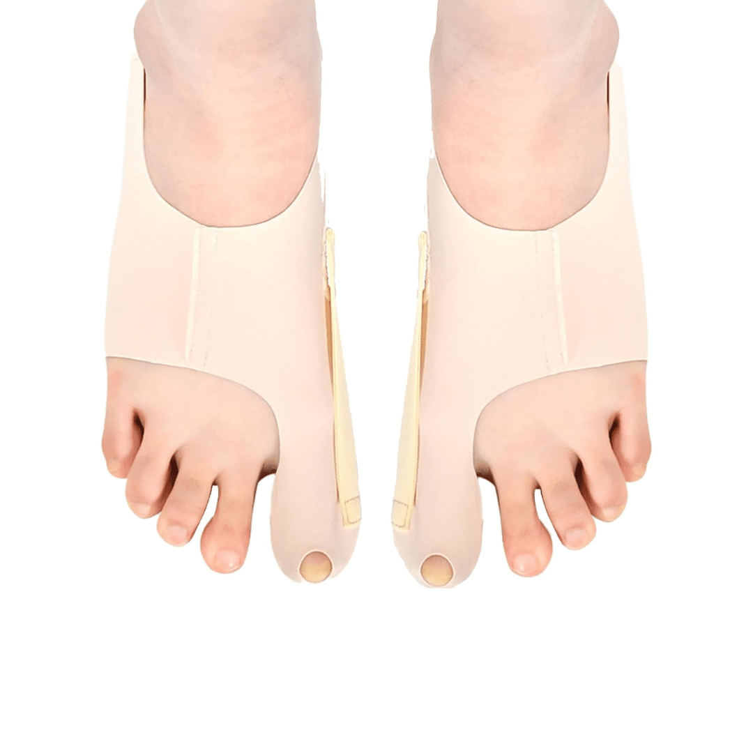 "Orthèse hallux valgus discrète et légère, design fin, matériaux doux, pour confort et correction du gros orteil."