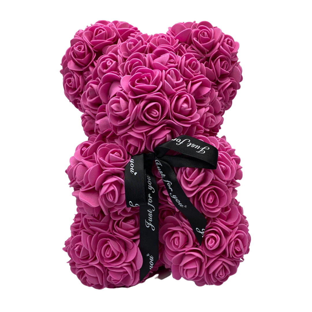 "Ours en roses rouges artisanal, peluche élégante et romantique pour décoration et cadeau inoubliables."