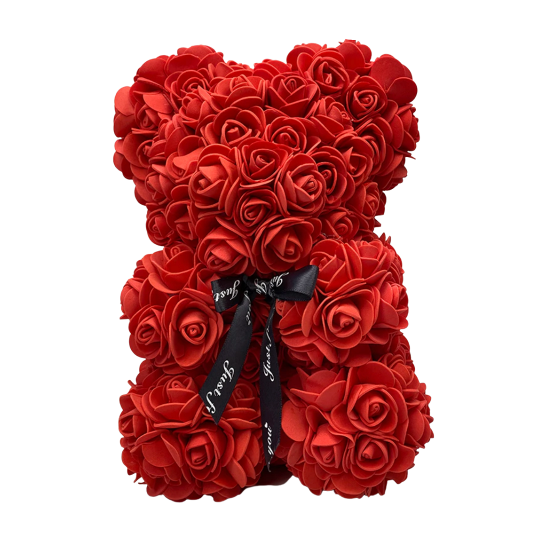 "Ours en roses rouges artisanal, peluche élégante et romantique pour décoration et cadeau inoubliables."