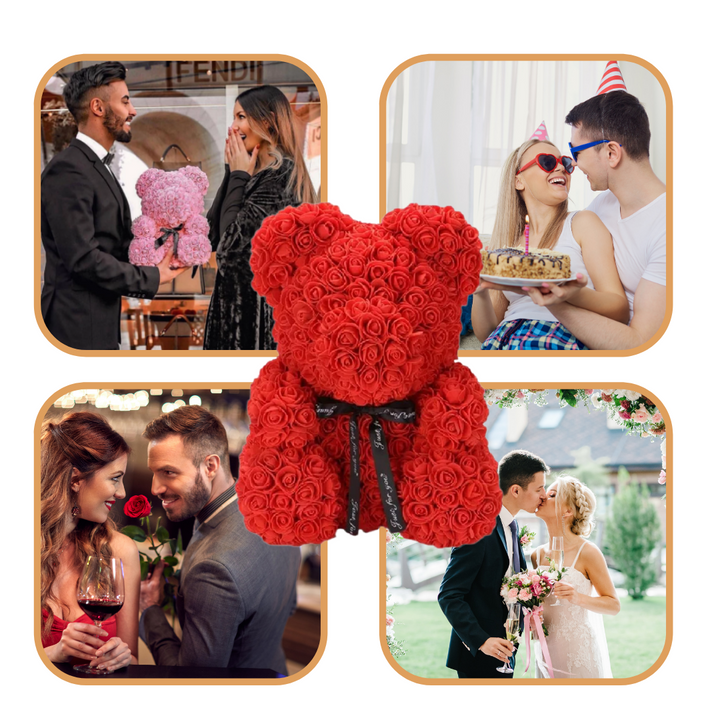 "Ours en roses rouges artisanal, peluche élégante et romantique pour décoration et cadeau inoubliables."
