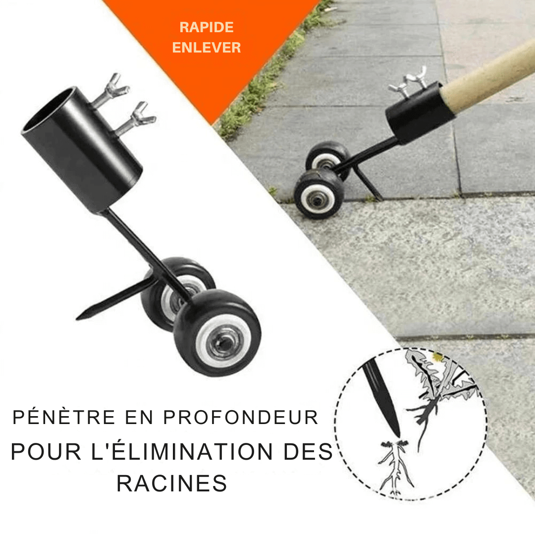 "Outil de jardinage crochet de désherbage ultra-efficace avec manche ergonomique et tête en acier inoxydable."