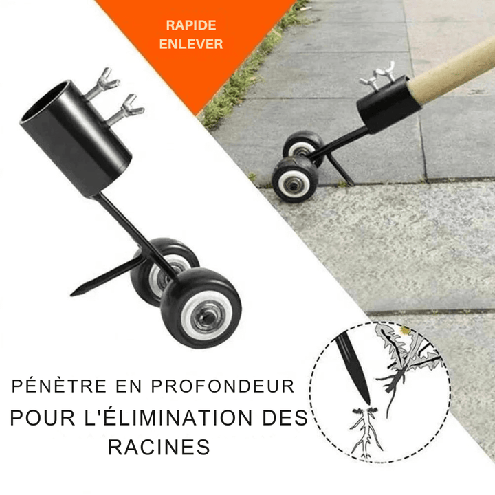 "Outil de jardinage crochet de désherbage ultra-efficace avec manche ergonomique et tête en acier inoxydable."