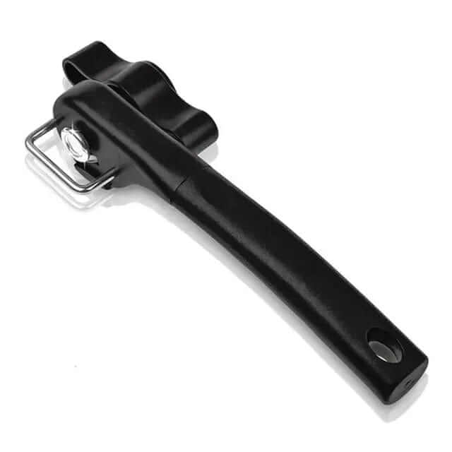 "Ouvre-boîte manuel noir ergonomique en acier inoxydable pour ouverture facile et sécurisée de boîtes de conserve."