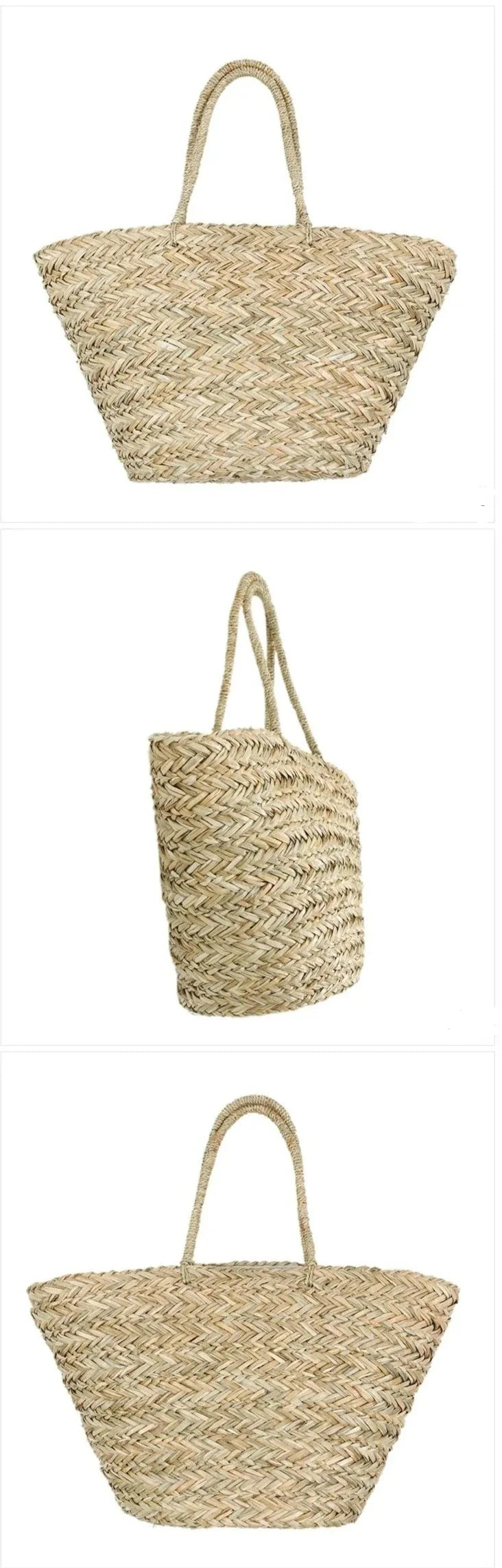 Élégant sac cabas en paille, conçu pour la mode plage, avec des poignées renforcées pour plus de confort.