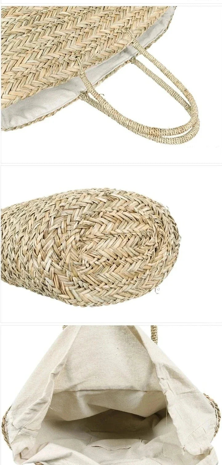 Sac en paille tressé à la main, modèle femme, parfait pour transporter serviette et crème solaire à la plage.