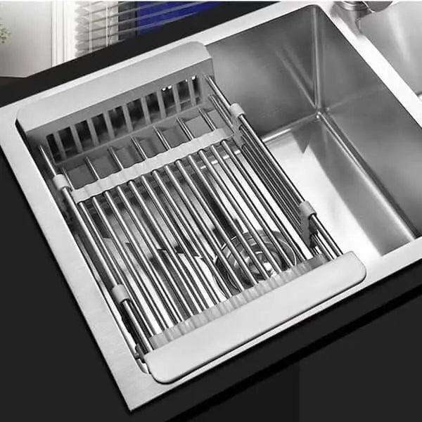 "Panier de vidange extensible en acier inox, multifonctionnel pour cuisine moderne, égouttoir ajustable et antidérapant."