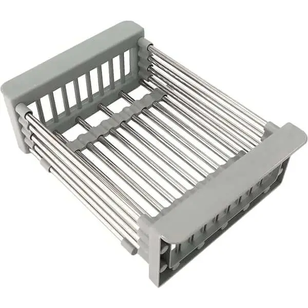 "Panier de vidange extensible en acier inox, multifonctionnel pour cuisine moderne, égouttoir ajustable et antidérapant."