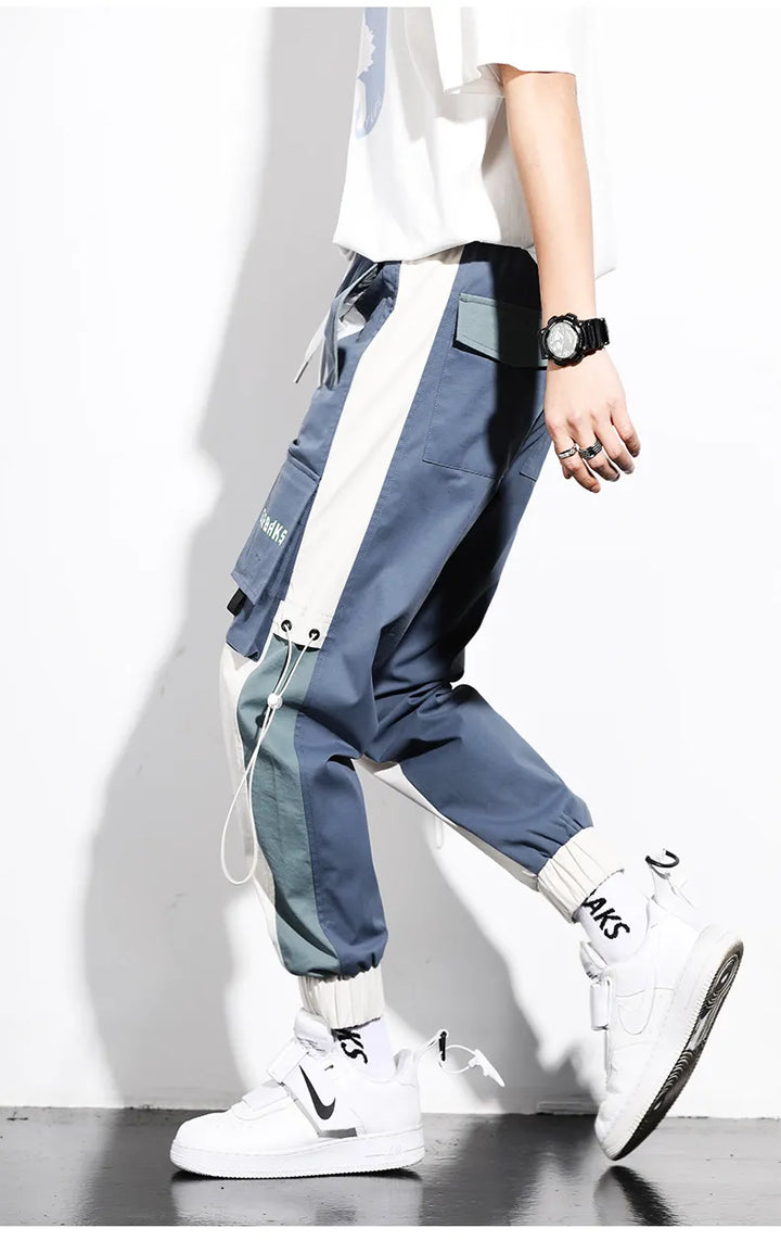 Pantalon cargo jogger bicolore homme, décontracté et confortable, idéal mode urbaine printemps-été.