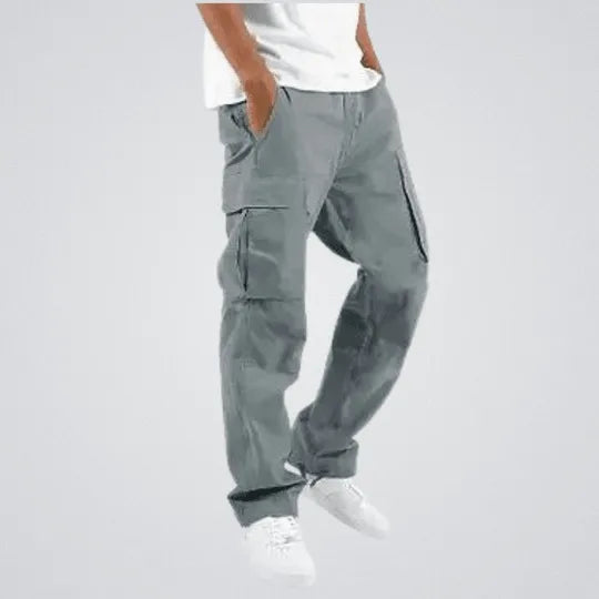 "Pantalon cargo homme coupe droite bleu, poches multiples pour style utilitaire et confort décontracté."