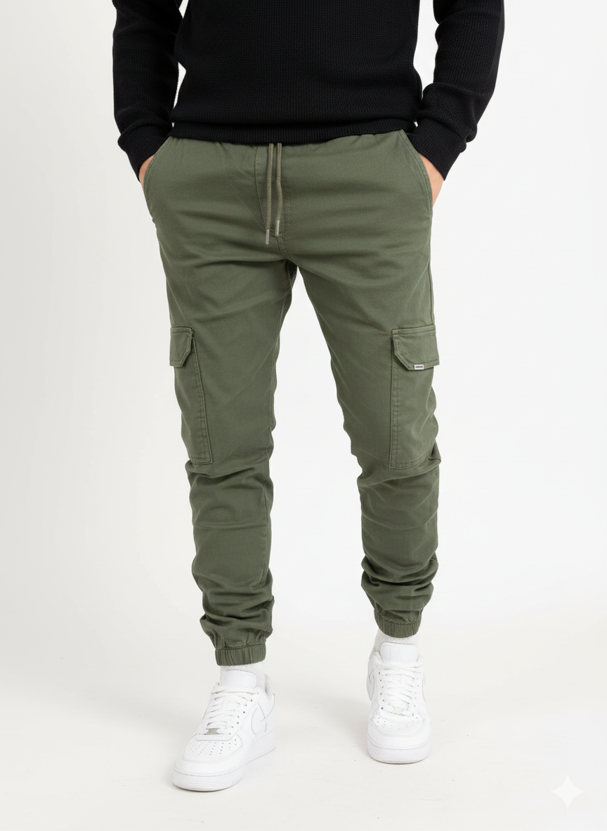 Homme portant un pantalon cargo jogger, taille élastique, avec poches fonctionnelles pour un style décontracté urbain.