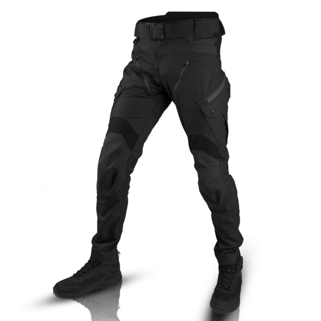 Pantalon cargo homme robuste, noir, avec de multiples poches pratiques, idéal pour le plein air et l'aventure.