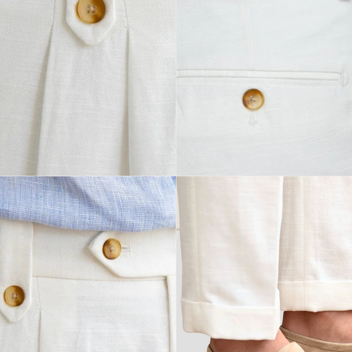 Pantalon chic blanc à pinces, coupe fluide, taille haute double bouton, tissu léger, idéal été, style sophistiqué et urbain.