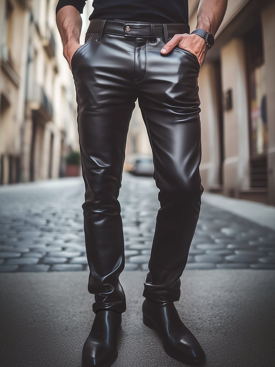Pantalon cuir homme, coupe élégante et décontractée.  Noir, uni.